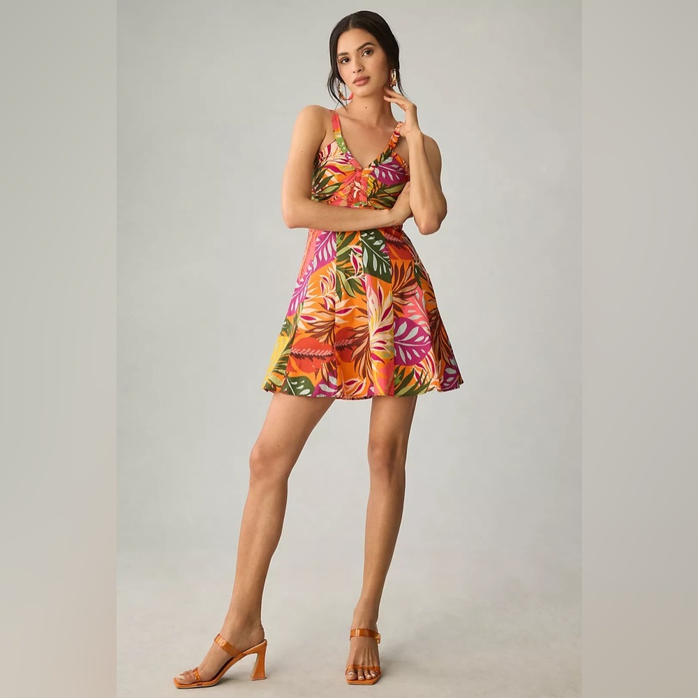 NWT Anthro Maeve Tropical Printed Ruched Mini Dress Size 10